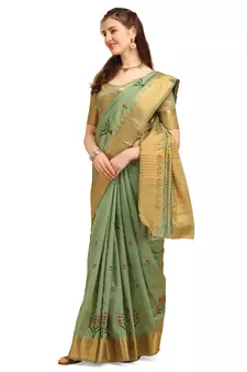 Sea green embroidered banarasi cotton saree with blouse