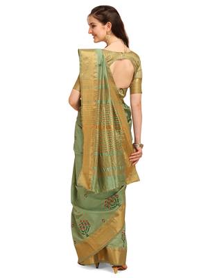 Sea green embroidered banarasi cotton saree with blouse 3