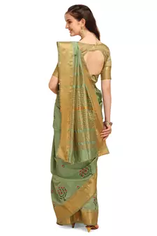 Sea green embroidered banarasi cotton saree with blouse