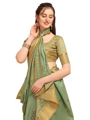 Sea green embroidered banarasi cotton saree with blouse 4