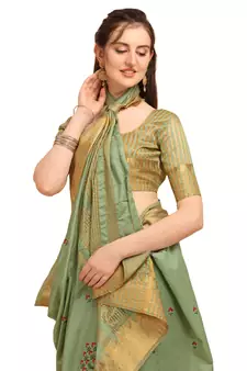 Sea green embroidered banarasi cotton saree with blouse