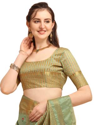 Sea green embroidered banarasi cotton saree with blouse 5