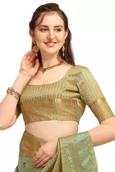 Sea green embroidered banarasi cotton saree with blouse