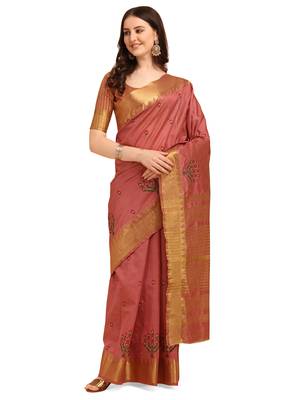 Pink embroidered banarasi cotton saree with blouse 1