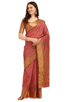 Pink embroidered banarasi cotton saree with blouse