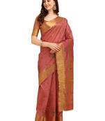 Pink embroidered banarasi cotton saree with blouse