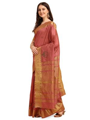 Pink embroidered banarasi cotton saree with blouse 2