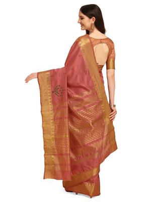 Pink embroidered banarasi cotton saree with blouse 3