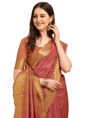 Pink embroidered banarasi cotton saree with blouse 4