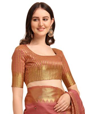 Pink embroidered banarasi cotton saree with blouse 5