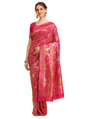 Pink printed banarasi silk saree with blouse 1