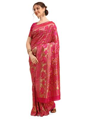 Pink printed banarasi silk saree with blouse 2