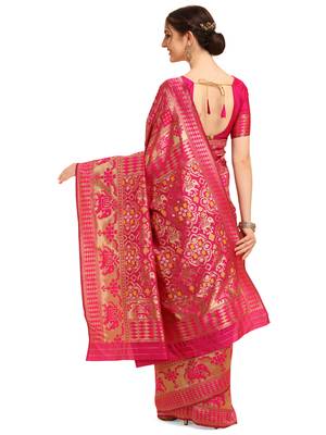 Pink printed banarasi silk saree with blouse 3