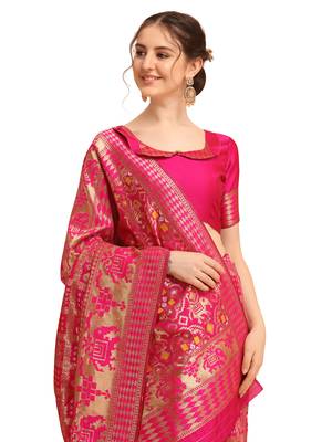 Pink printed banarasi silk saree with blouse 4