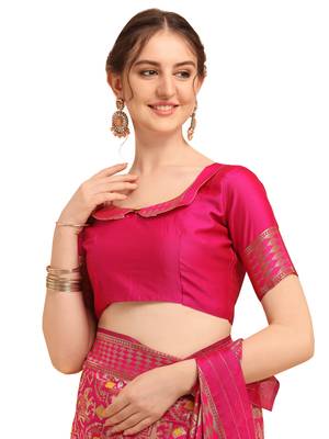 Pink printed banarasi silk saree with blouse 5