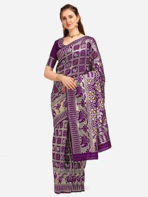 Purple printed banarasi silk saree with blouse 1