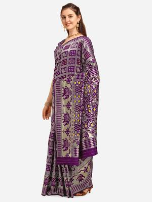 Purple printed banarasi silk saree with blouse 2
