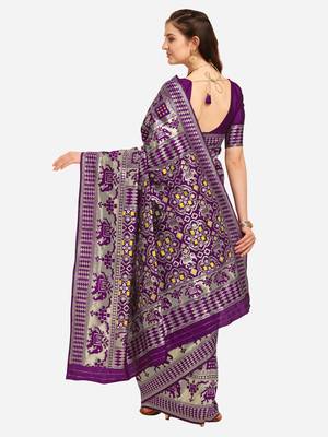 Purple printed banarasi silk saree with blouse 3