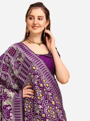 Purple printed banarasi silk saree with blouse 4