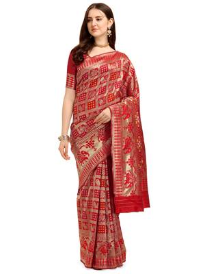 Red printed banarasi silk saree with blouse 1