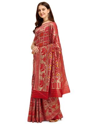 Red printed banarasi silk saree with blouse 2