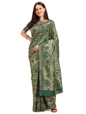 Green printed banarasi silk saree with blouse 1