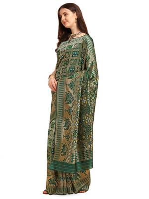 Green printed banarasi silk saree with blouse 2