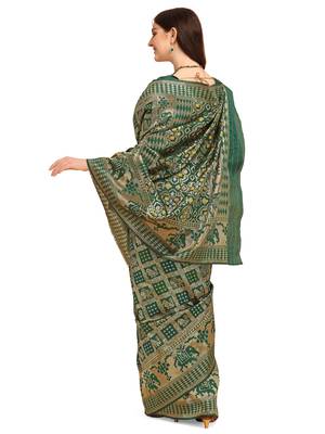 Green printed banarasi silk saree with blouse 3