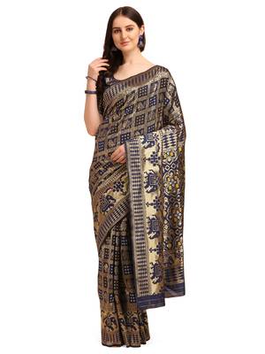 Blue printed banarasi silk saree with blouse 1