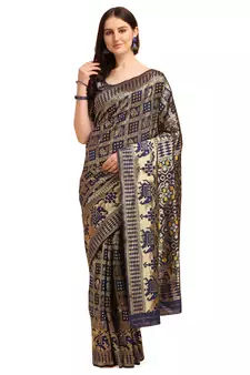 Blue printed banarasi silk saree with blouse