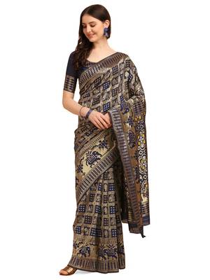 Blue printed banarasi silk saree with blouse 2