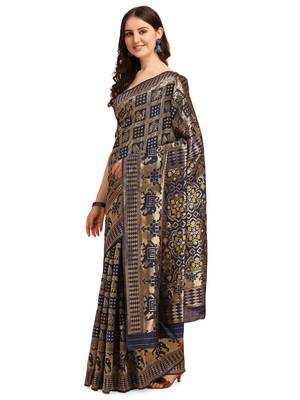 Blue printed banarasi silk saree with blouse 3