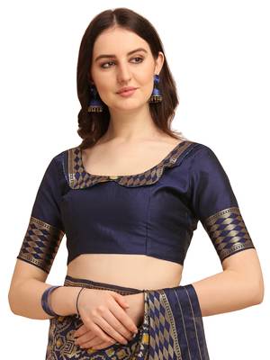 Blue printed banarasi silk saree with blouse 5