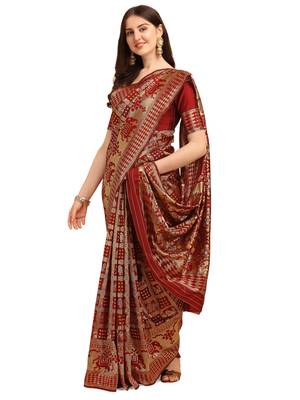 Brown printed banarasi silk saree with blouse 1