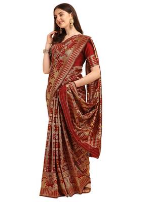 Brown printed banarasi silk saree with blouse 2