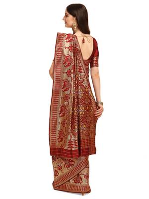 Brown printed banarasi silk saree with blouse 3