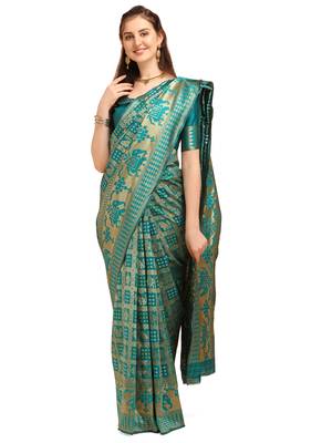 Turquoise printed banarasi silk saree with blouse 1