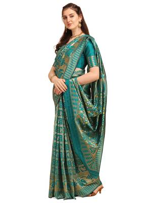 Turquoise printed banarasi silk saree with blouse 2