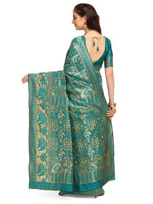 Turquoise printed banarasi silk saree with blouse 3