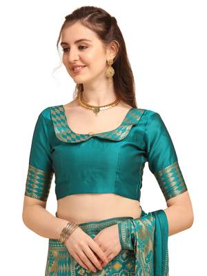 Turquoise printed banarasi silk saree with blouse 4