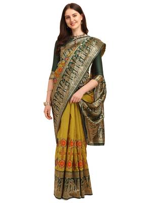 Yellow embroidered banarasi silk saree with blouse 1