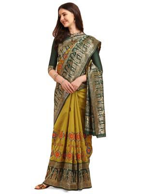 Yellow embroidered banarasi silk saree with blouse 2