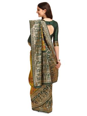 Yellow embroidered banarasi silk saree with blouse 3