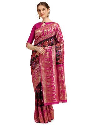 Black embroidered banarasi silk saree with blouse 1