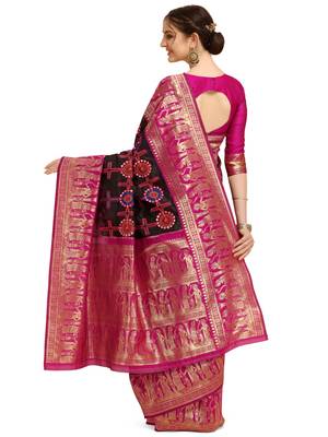 Black embroidered banarasi silk saree with blouse 3