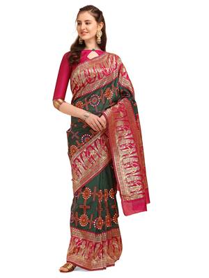 Green embroidered banarasi silk saree with blouse 1