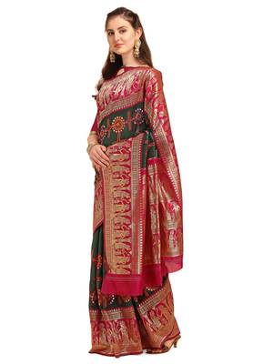 Green embroidered banarasi silk saree with blouse 2