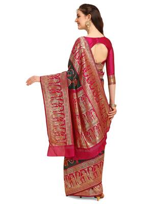 Green embroidered banarasi silk saree with blouse 3