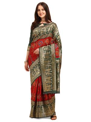 Red embroidered banarasi silk saree with blouse 1
