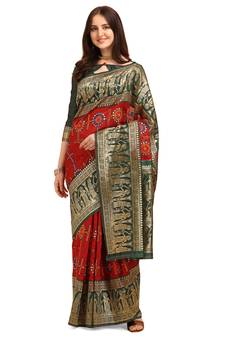 Red embroidered banarasi silk saree with blouse